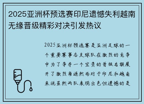 2025亚洲杯预选赛印尼遗憾失利越南无缘晋级精彩对决引发热议